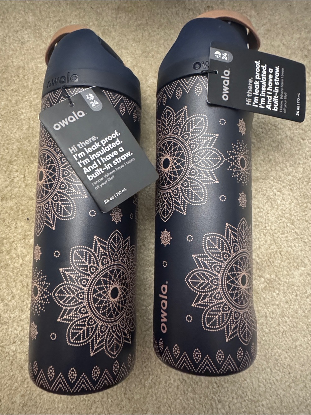 Owala Insulated two Water Bottles - Navy with Rose Gold Mandala